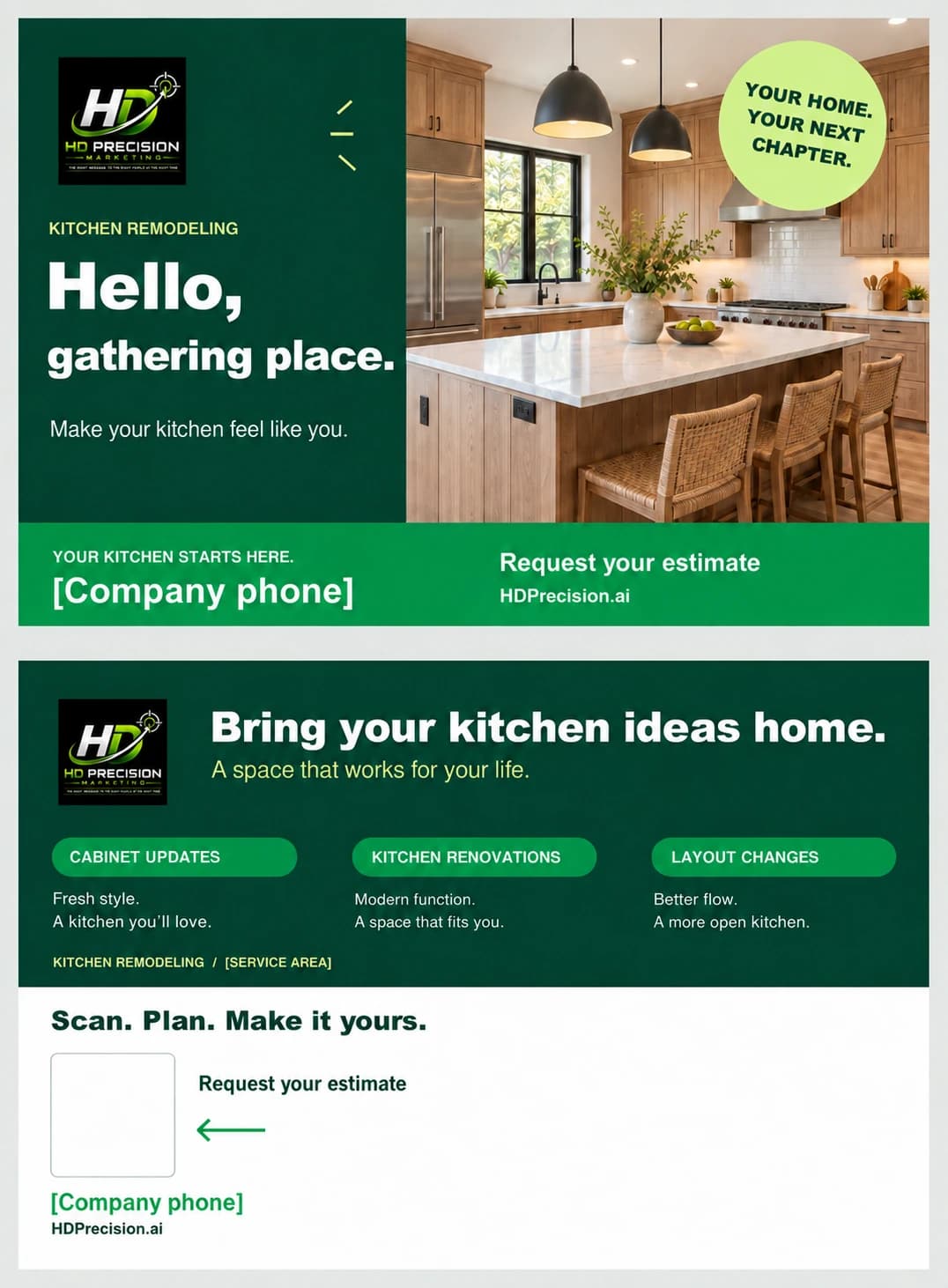 Illustrative kitchen remodeling postcard front