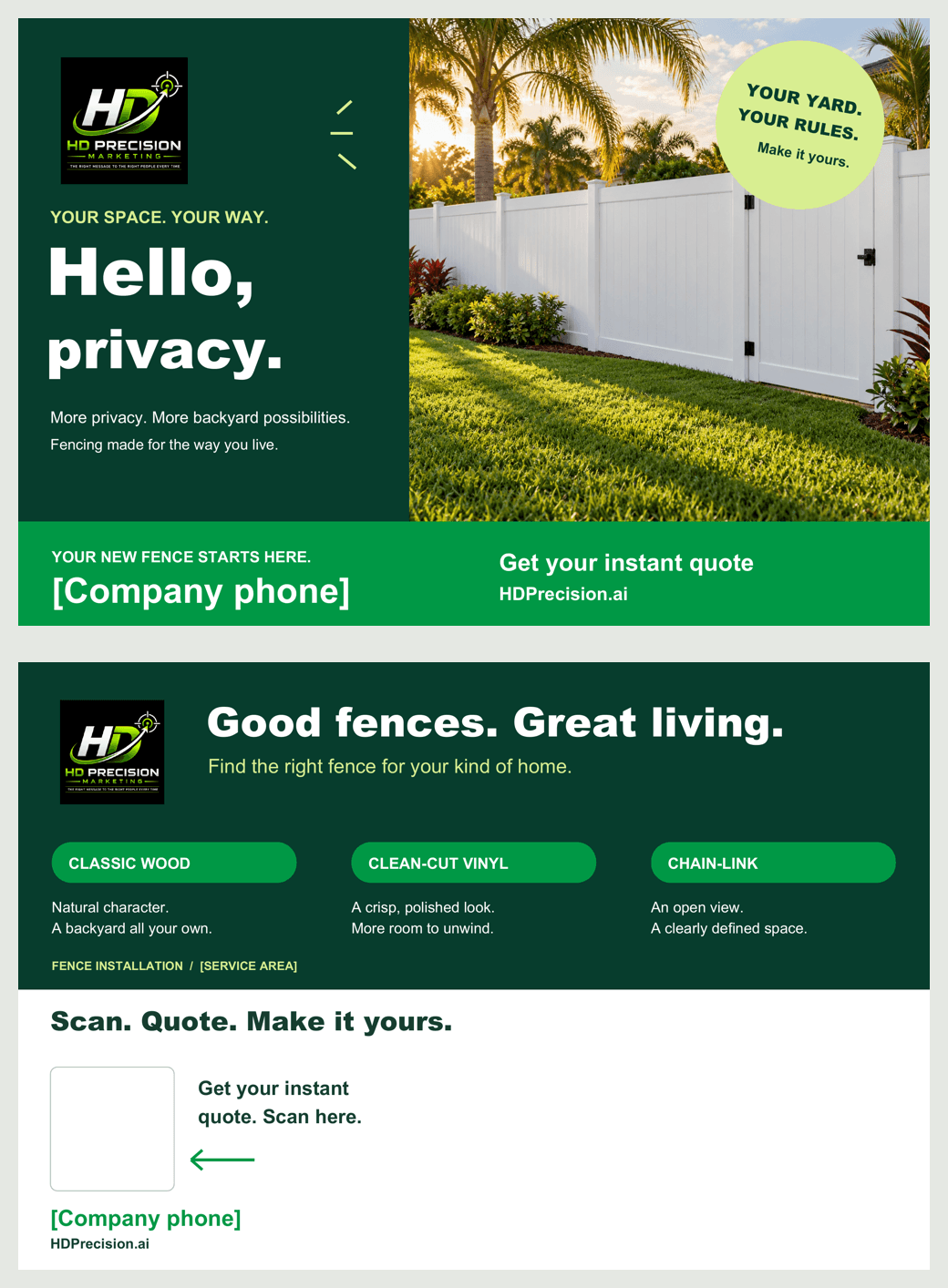 HD Precision fencing postcard example with the Hello privacy front and wood, vinyl, and chain-link service panels