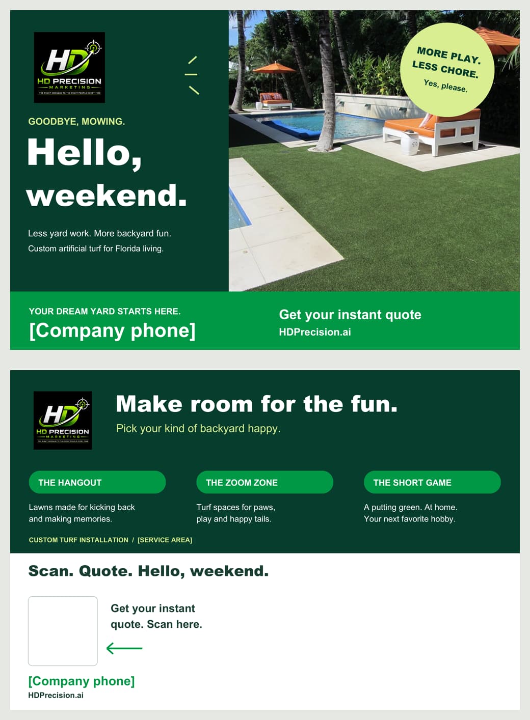 HD Precision artificial turf postcard example showing the Hello weekend front and reverse-side project information