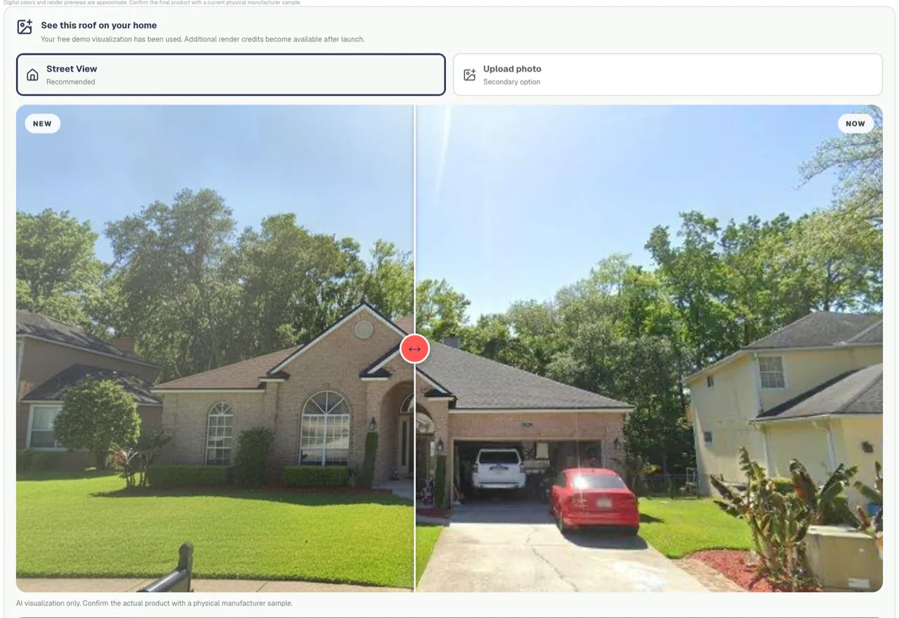Actual Instant Quote before-and-after comparison showing new shingles and the existing roof